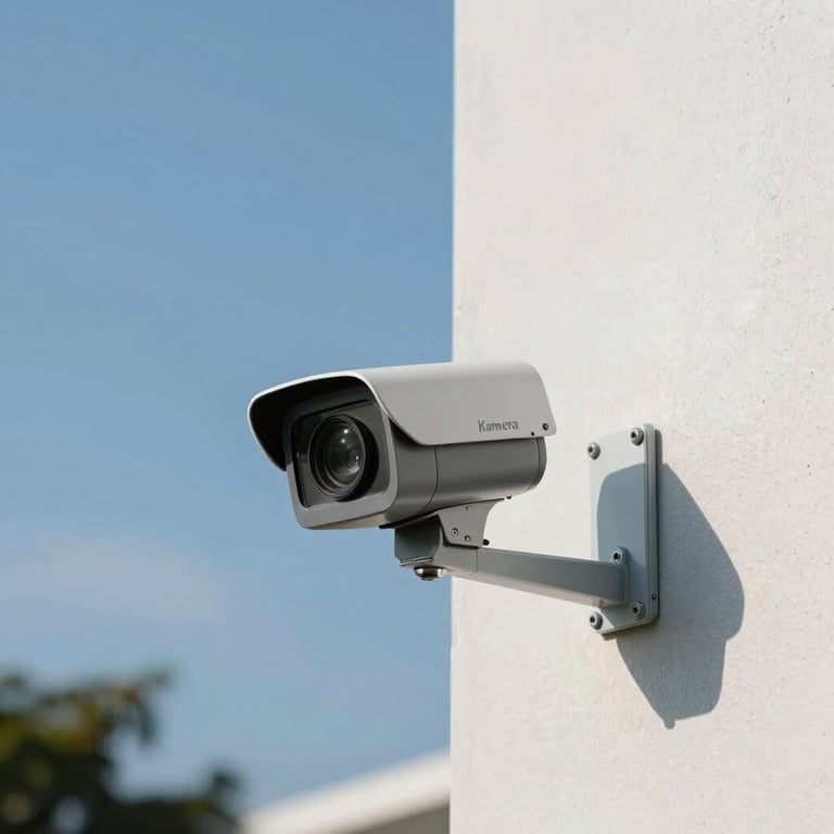Kamera CCTV peluru modern terpasang pada fasad bangunan minimalis dengan latar langit biru cerah.