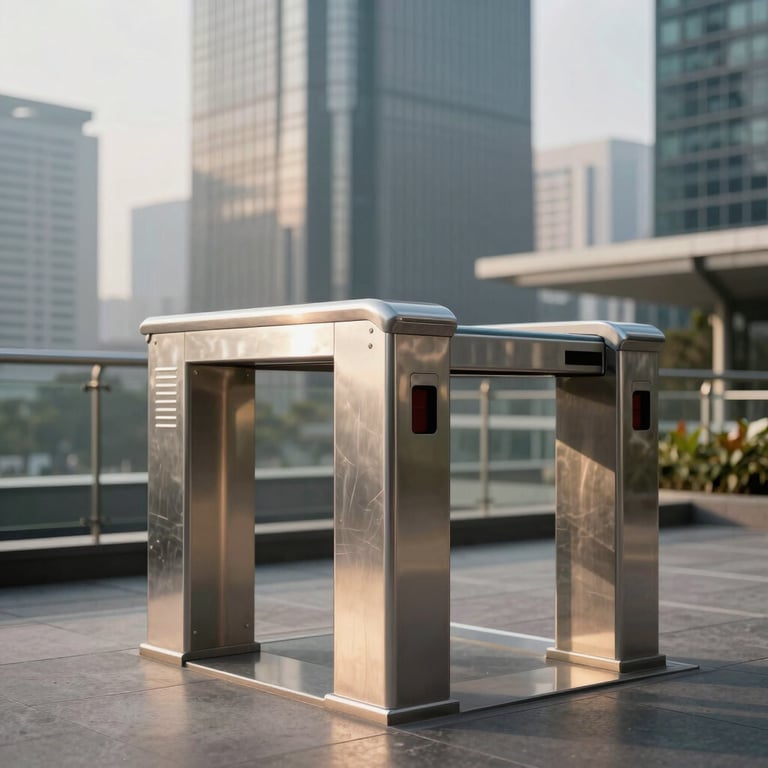 Gerbang Turnstile stainless steel yang berkilau di lobi gedung pencakar langit dengan pencahayaan fajar.
