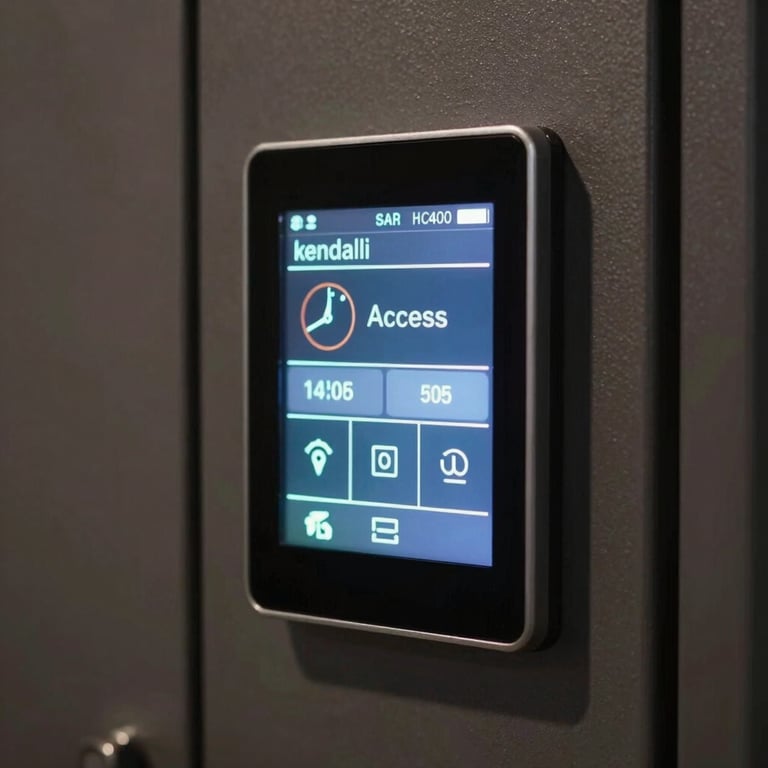Panel kendali Access Door digital dengan layar sentuh yang menyala dalam cahaya temaram.