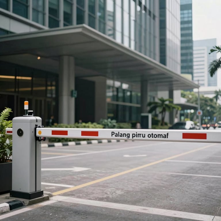 Palang pintu otomatis Barrier Gate yang elegan di area masuk perkantoran modern di Jakarta.
