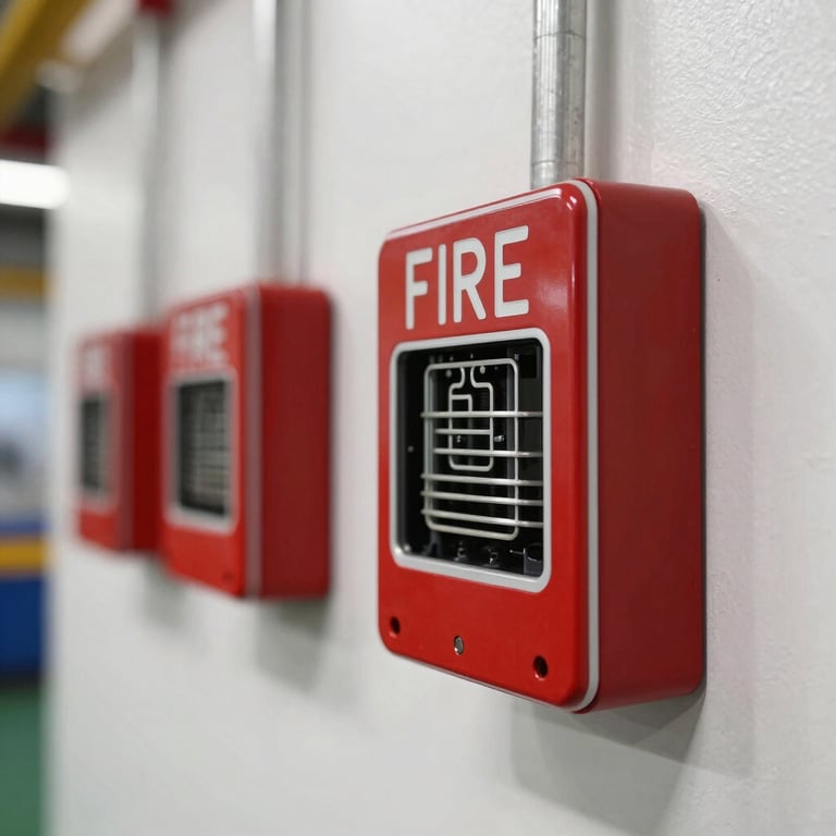 Unit sensor Fire Alarm berwarna merah yang terpasang rapi pada langit-langit industri berwarna putih.