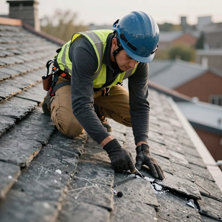 Roofer in safety gear inspecting a slate roof for leaks, focus on precision and expertise.