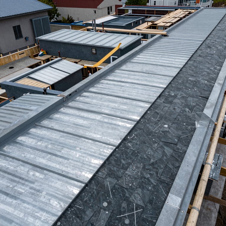 Aerial view of a complex roofing project with multiple levels, featuring different materials like zinc and slate.