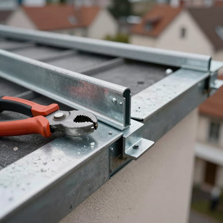 A detailed shot of zinc metalwork being installed on a roof edge, professional tools visible, Western European setting.