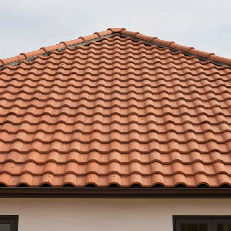 A finished terracotta tile roof on a modern suburban house, symmetrical and clean lines.