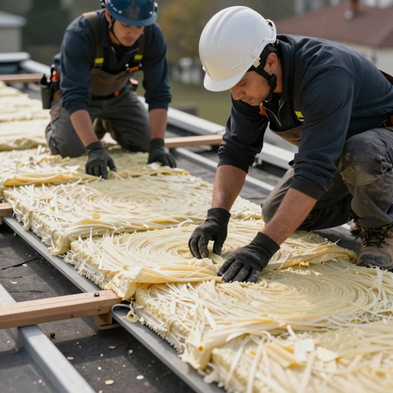 Roofers installing high-grade insulation layers under a roof structure, clean and efficient workspace.