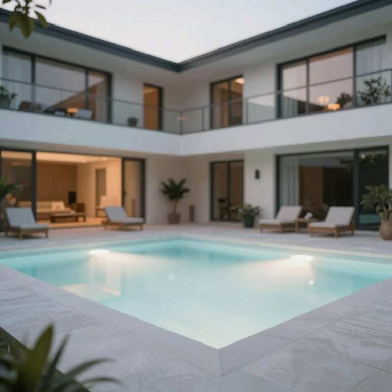 Modern villa backyard featuring a stylish pool with integrated LED lighting in #E0E1DD white.