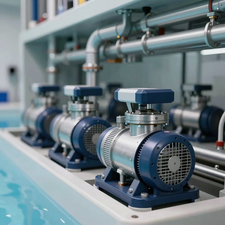 Interior shot of a high-tech pool mechanical room with organized pipes and pumps in silver and navy tones.
