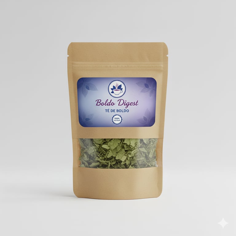 Bolsa de papel color café de té herbal Boldo Digest, con hojas secas