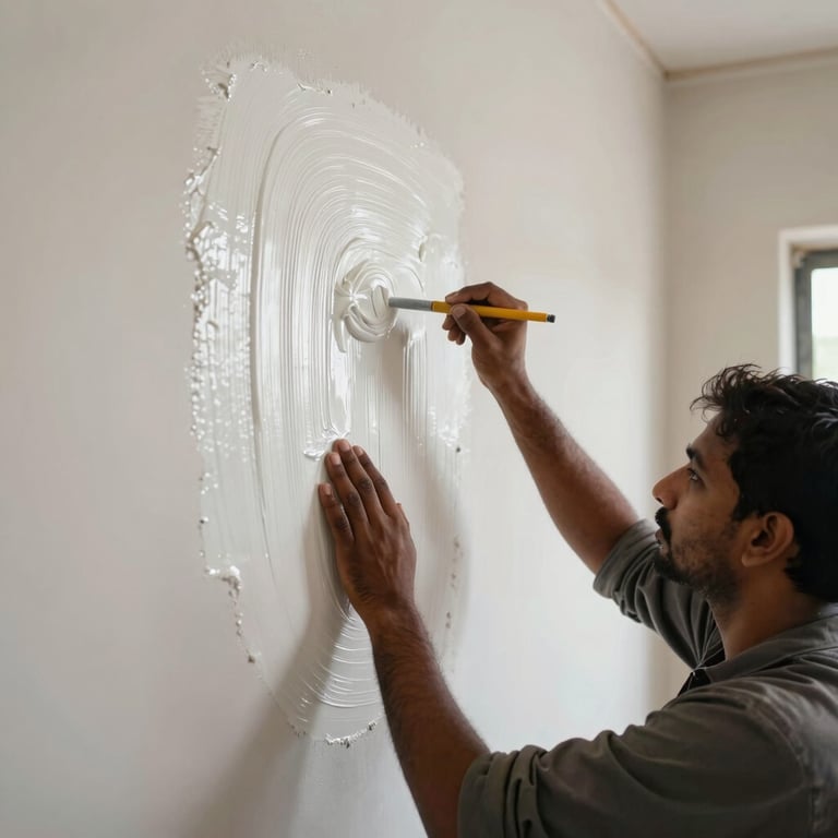 A technician carefully applying a smooth white putty layer to an interior wall before painting in a South Asian home.