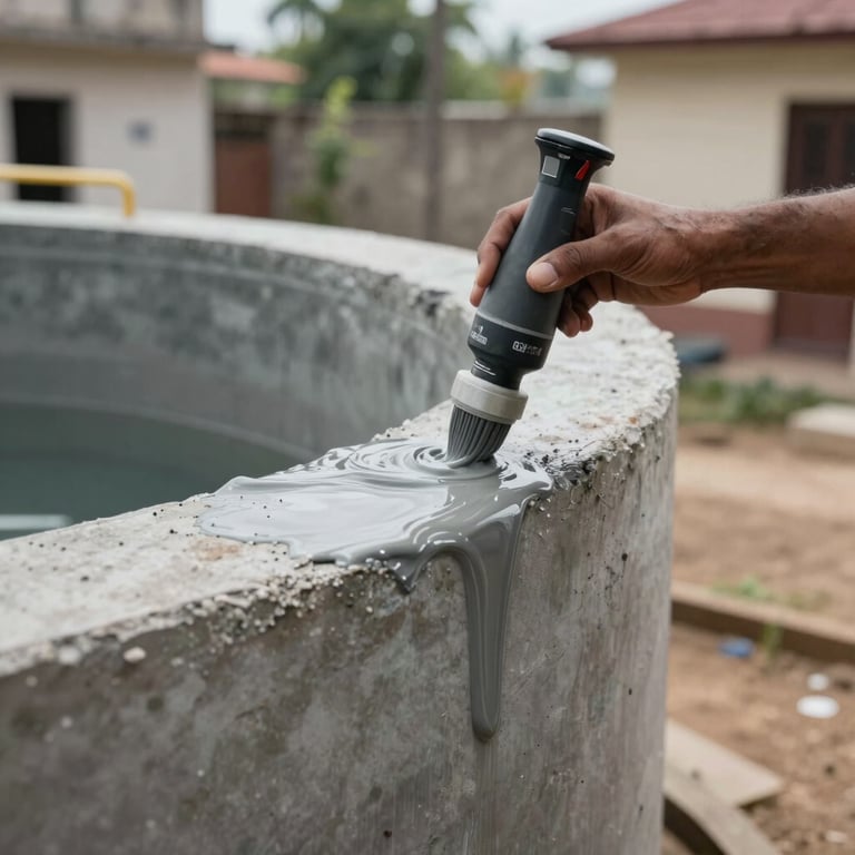 Close up of a specialized water tank waterproofing coating being applied to a concrete tank in a South Asian / Indian residential area.