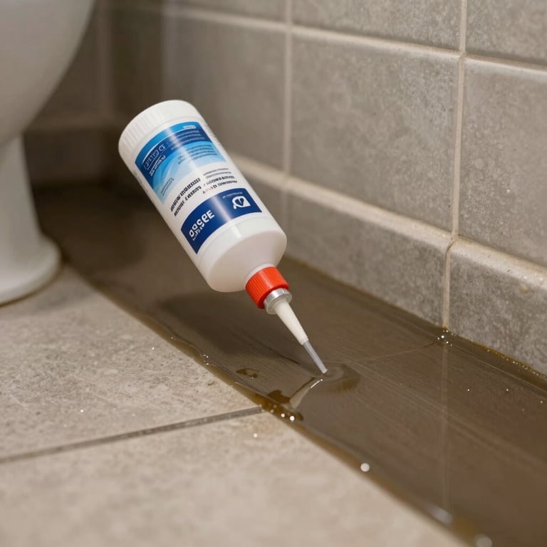 Detail shot of bathroom floor sealing using high-quality waterproof chemicals to prevent seepage.