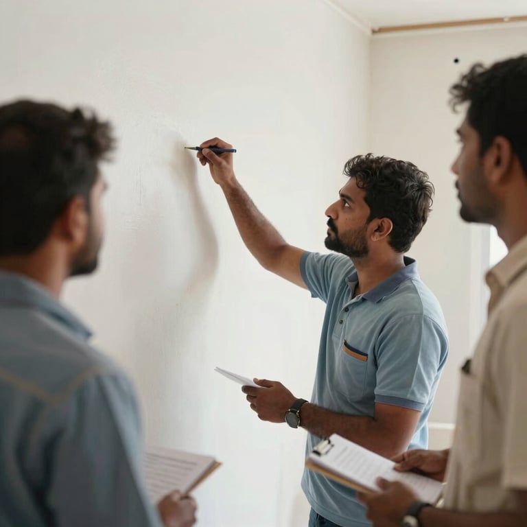 A professional team member from Manvi Paint & Waterproofing inspecting a finished painting project with a satisfied client in a South Asian setting.