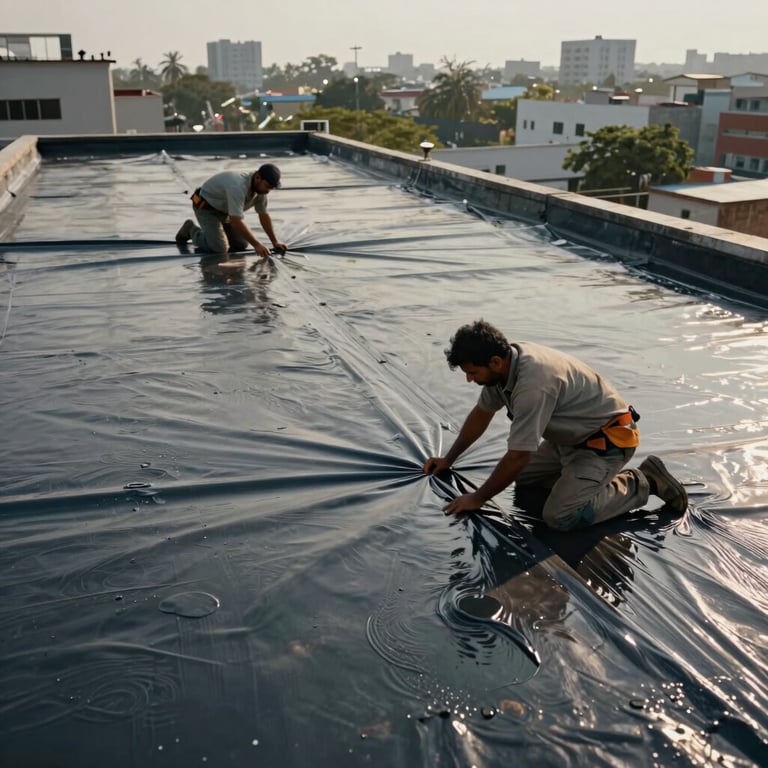 Skilled laborers installing a terrace waterproofing membrane on a large commercial roof in an Indian city.