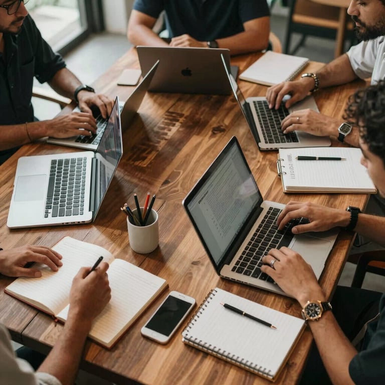 A top-down view of a digital strategy session with laptops and notebooks on a wooden table in a Bali co-working space.