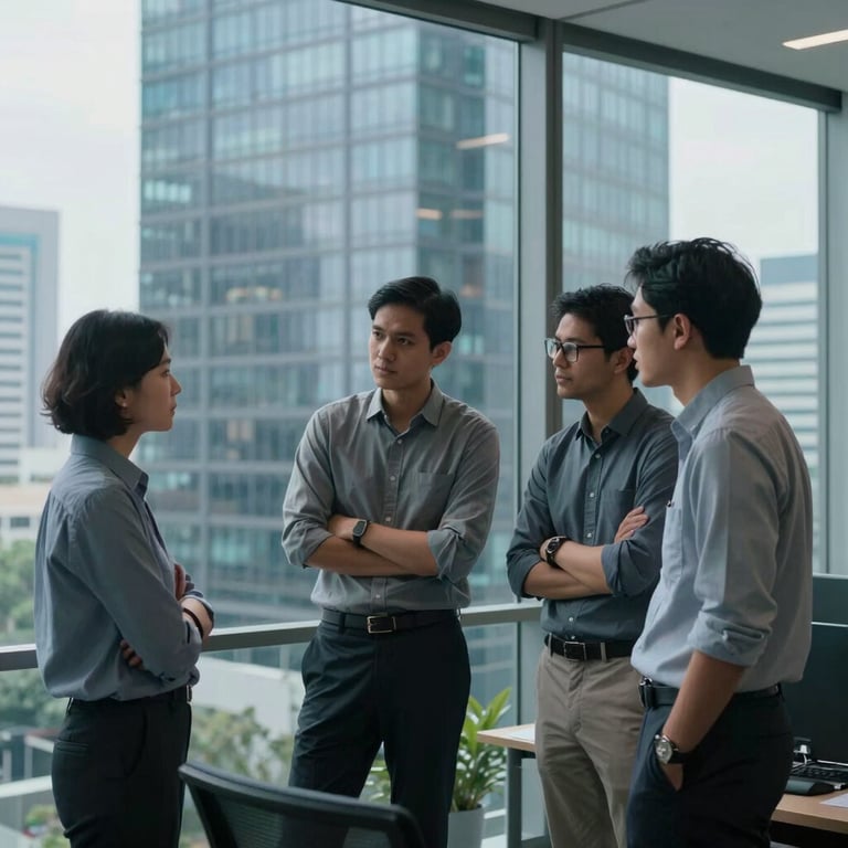 A team of developers brainstorming in front of a glass wall in a Jakarta high-rise office, Slate Blue Grey aesthetic.