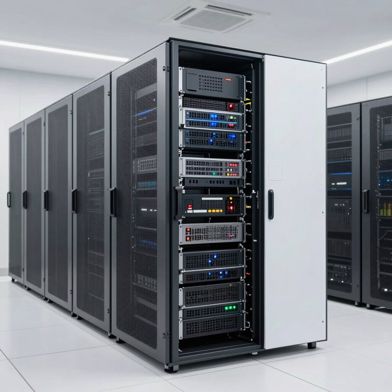 A modern, clean data center with sleek racks and Cloud White surfaces located in an Indonesian tech park.