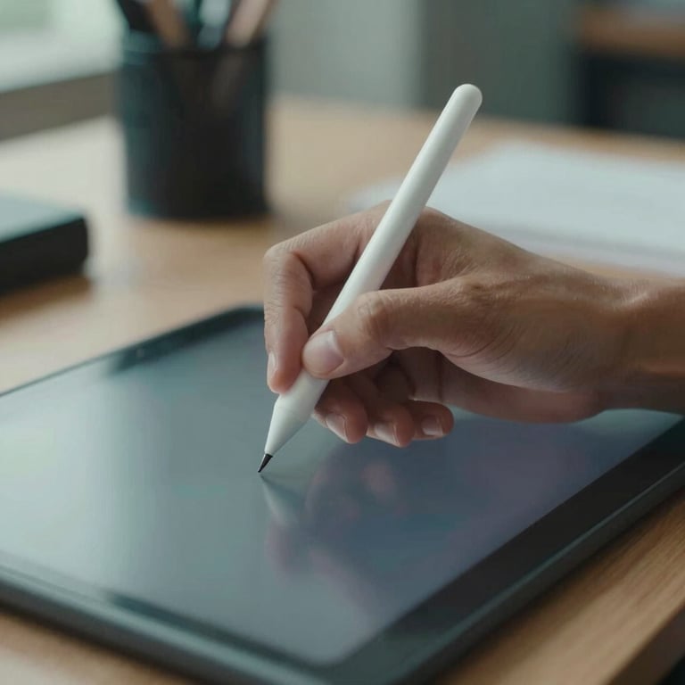A close-up of a designer's hand using a stylus on a tablet in a Southeast Asian / Indonesian creative studio, Soft Teal lighting.