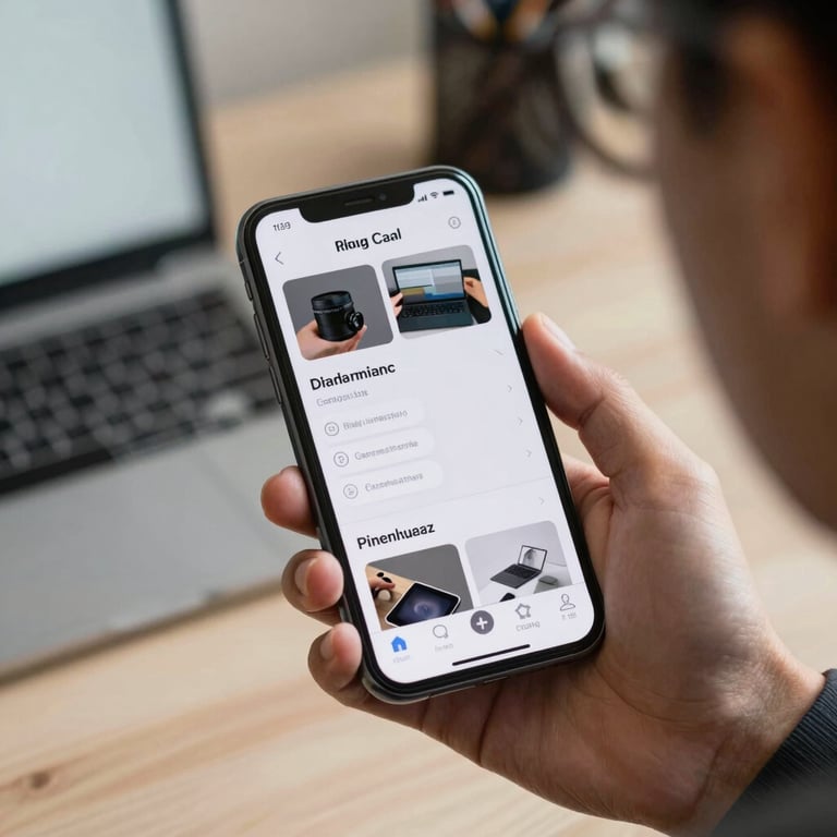 A mobile application interface being tested on a smartphone held by a professional in a Southeast Asian / Indonesian setting.