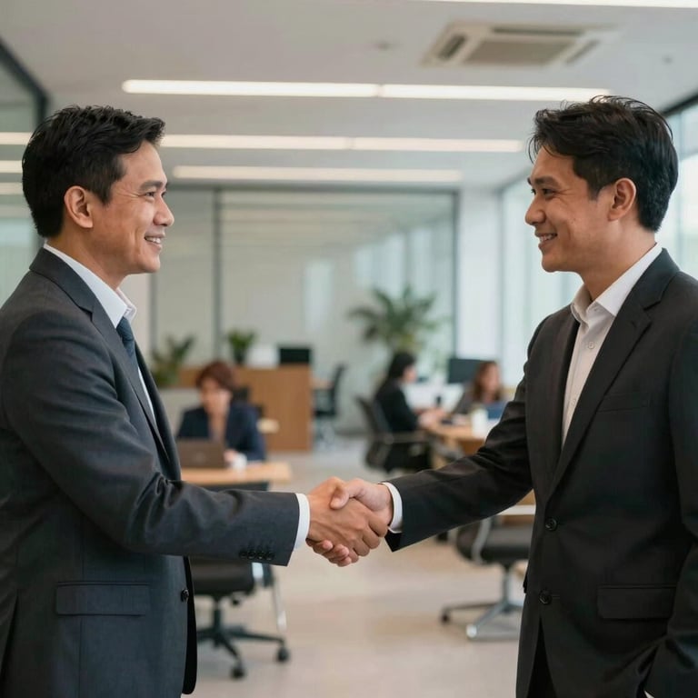 Two professionals shaking hands in a modern Southeast Asian / Indonesian office lounge, celebrating a successful digital launch.
