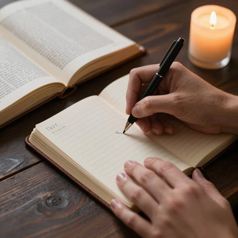 Close-up of hands writing notes in a leather journal next to an open theological text on a dark wooden desk, warm directional candlelight.