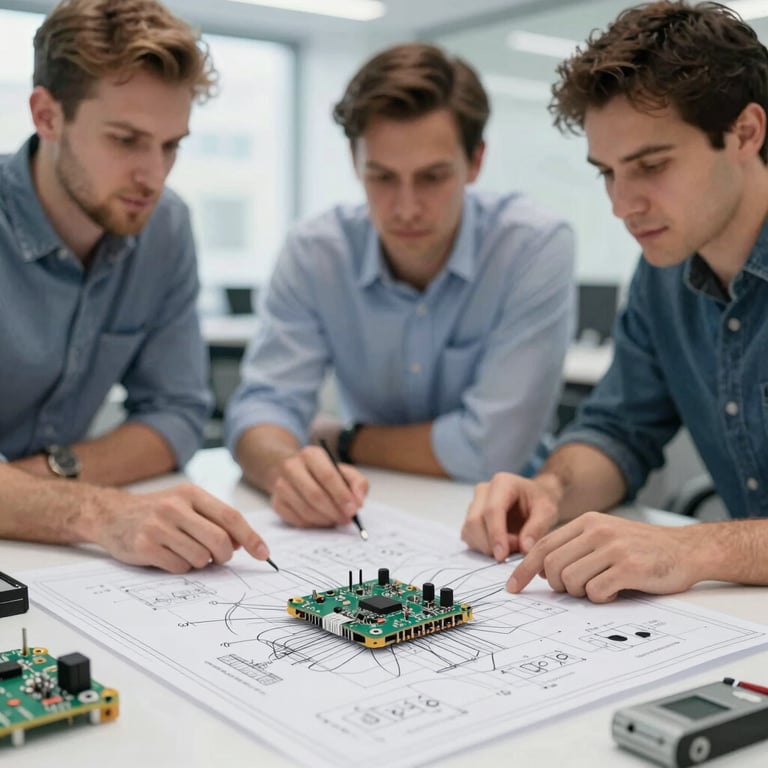 Engineers collaborating over a 3D blueprint of a new electronic device, symbolizing co-development.