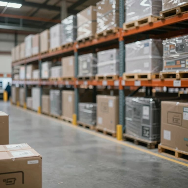 A logistics warehouse with organized tech components ready for global export and supply.