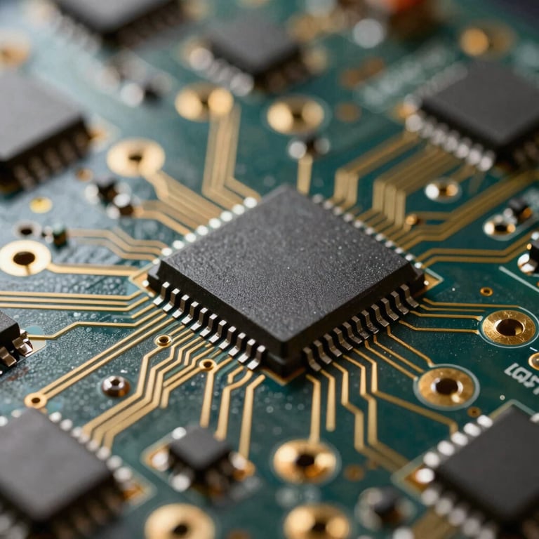 Close-up of high-quality electronic circuits showing precision manufacturing and gold-plated details.