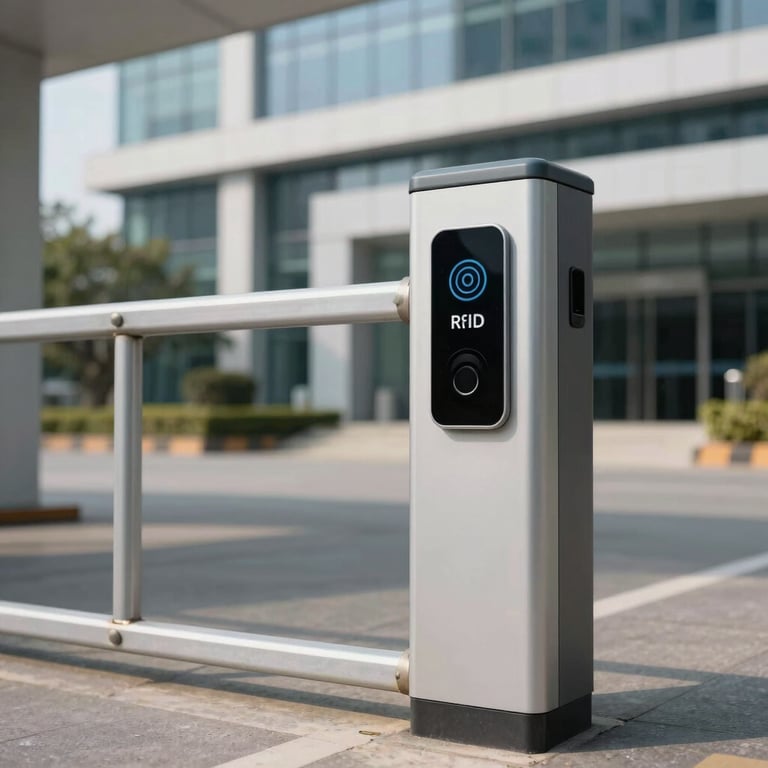 An electronic RFID access control gate at the entrance of a contemporary technology park in Bengaluru.