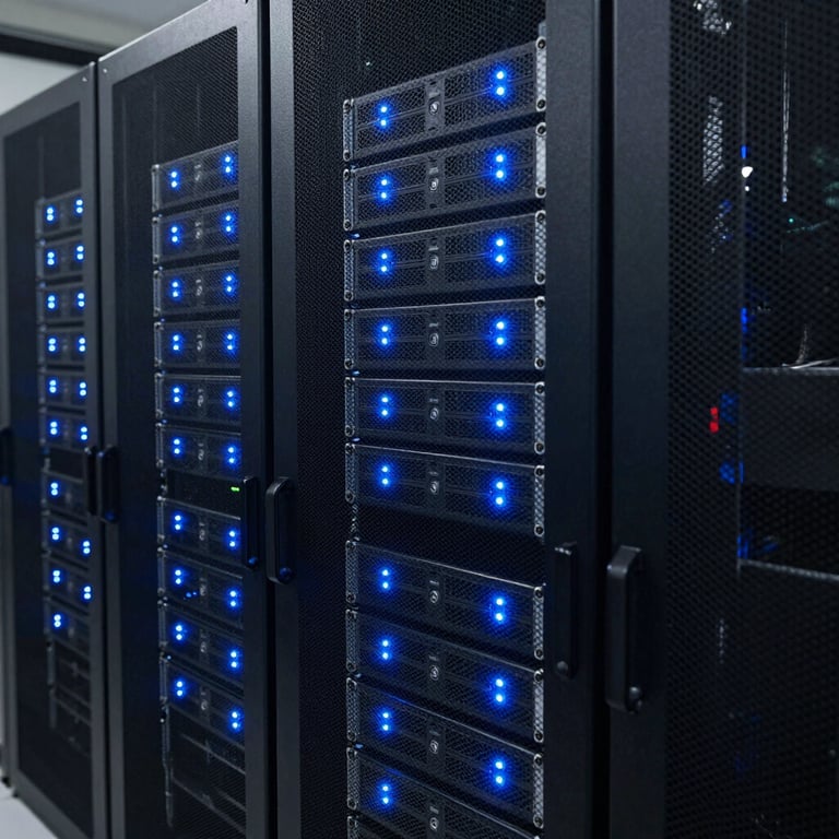 Neatly organized IT server racks with blinking blue LED status lights in a professional Bengaluru data center.