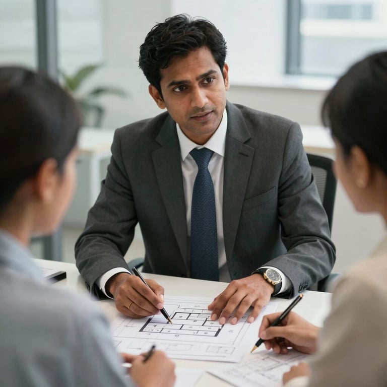 A South Asian security consultant in a formal suit discussing floor plans with a client in a bright office.