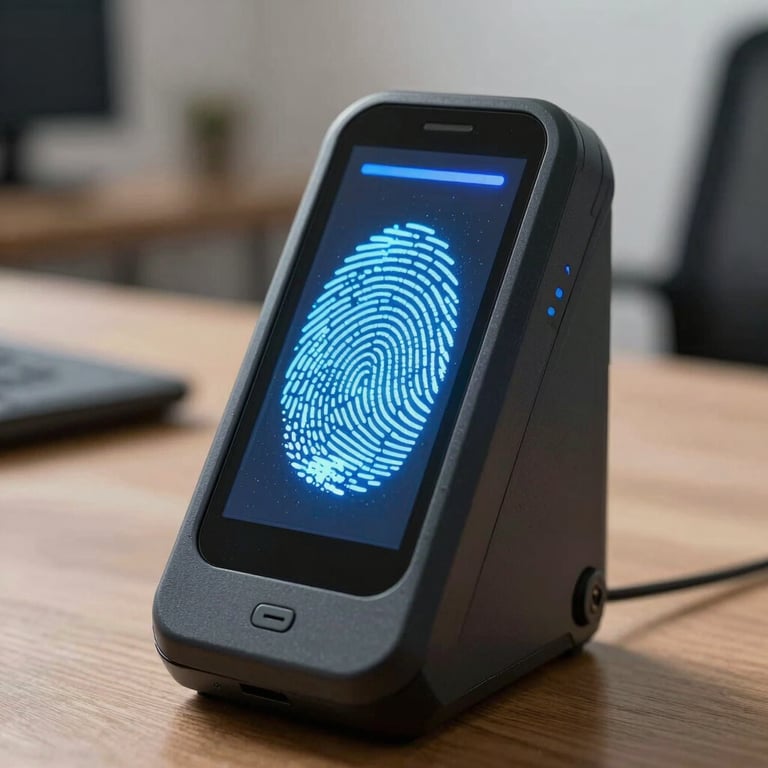A close-up of a high-tech biometric fingerprint scanner with a glowing blue light in a modern workplace.