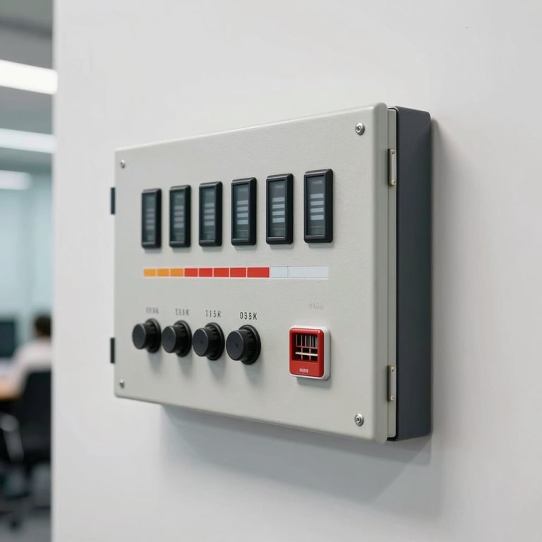 A sophisticated fire alarm control panel installed on a clean white wall in a professional Indian corporate office.