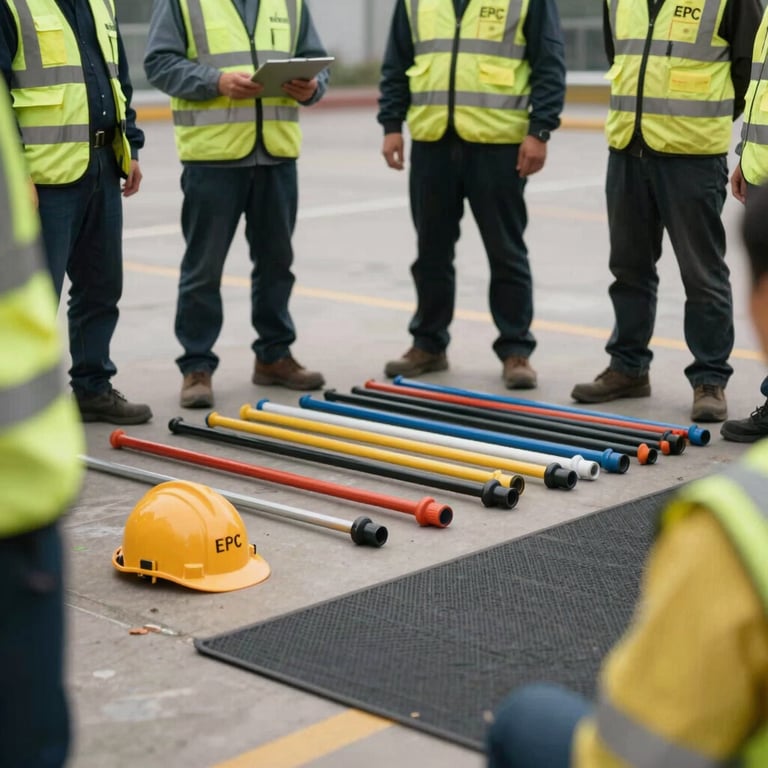 A group of certified safety equipment (EPC) including insulated sticks and mats, arranged for inspection.