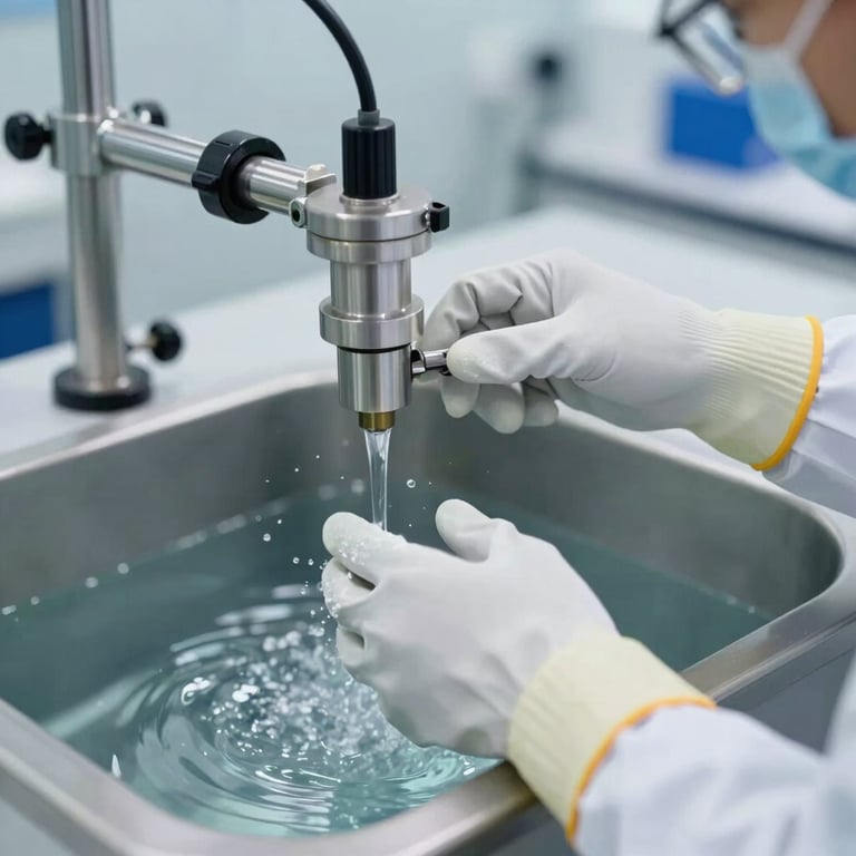 Testing of high-voltage insulating gloves (EPI) in a specialized water tank at the lab, highlighting safety and precision.