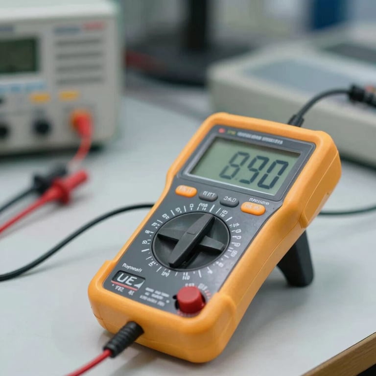 Close-up of a digital multimeter being calibrated on a technical workbench, sharp focus on the display, professional lighting.