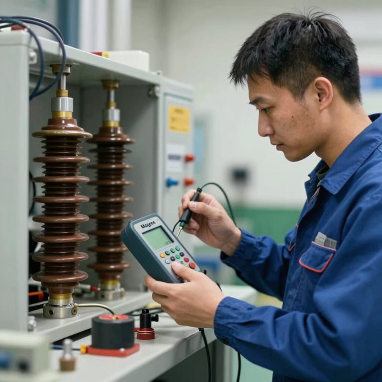 A technician using a Megger (megômetro) to test insulation on industrial machinery, professional and authoritative tone.