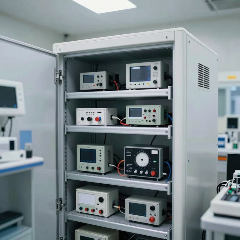 View of the mobile laboratory's interior equipment racks, filled with high-tech sensors and calibration tools.