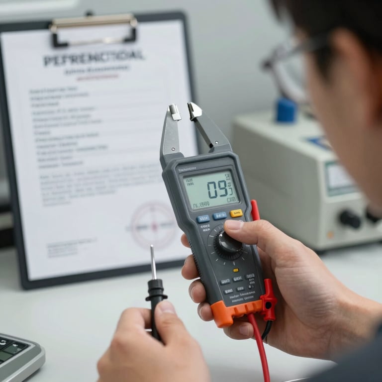 Precision calibration of a clamp meter (alicate amperímetro) with certificates of compliance visible in the background.