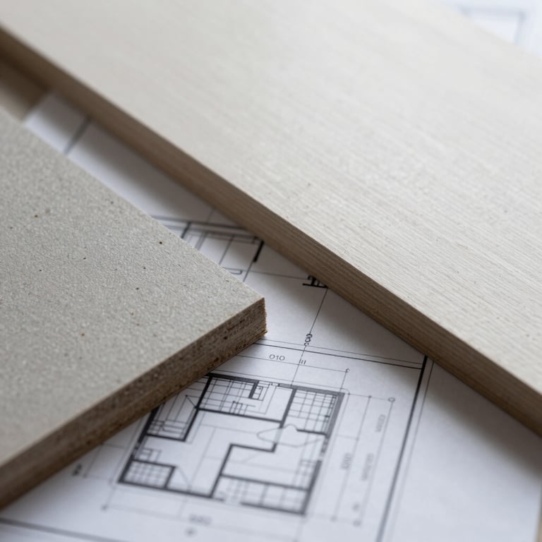 Clean, minimalist close-up of high-grade construction materials and site blueprints.