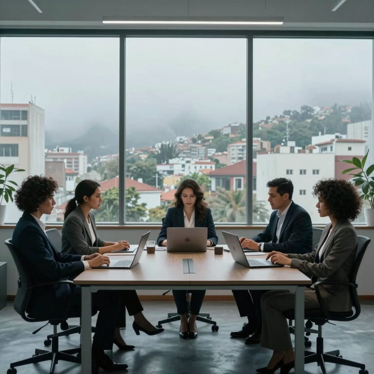 A group of diverse professionals in a minimalist office with large windows. Latin American / Spanish urban views. Mist and steel blue palette.
