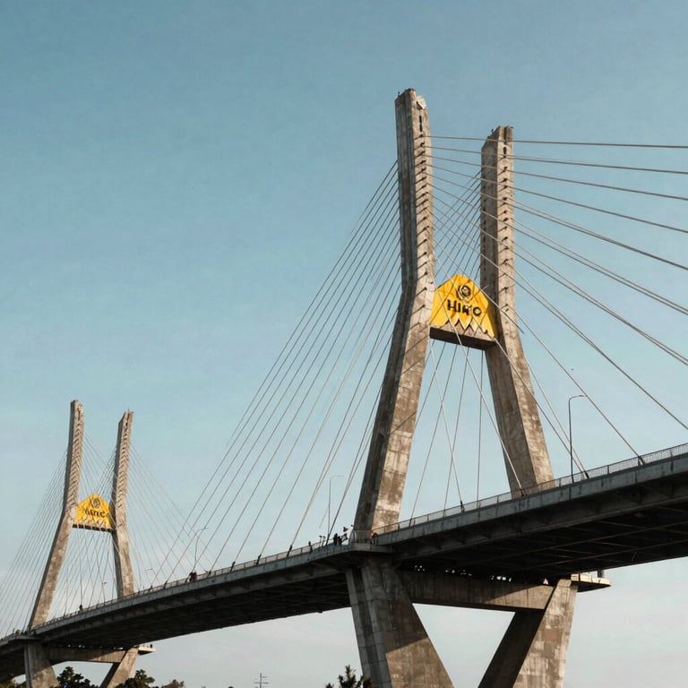 A sleek, modern bridge span under a clear light blue sky. Latin American / Spanish setting. Professional architectural photography.