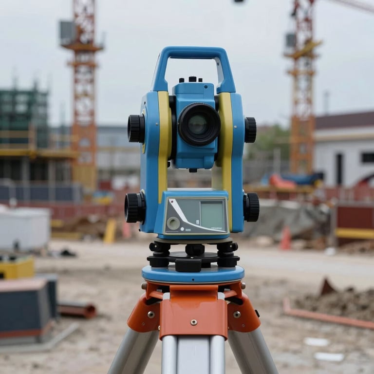 Precision surveying equipment set up on a high-visibility construction site. Steel blue and dark navy tones.