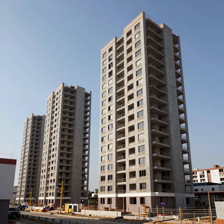 Wide-angle shot of a completed residential complex showing vertical construction expertise. Latin American / Spanish architecture.