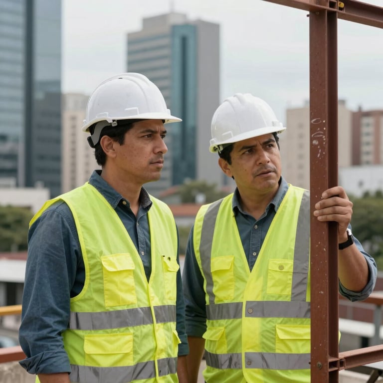 Civil engineer with safety vest observing a vertical structure frame. Modern Latin American / Spanish city background.