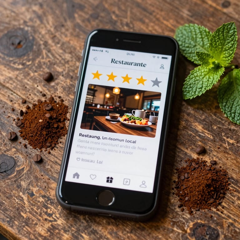 Primer plano de una pantalla de smartphone iluminada mostrando una reseña de cinco estrellas de un restaurante local, rodeado de granos de café y menta fresca sobre una mesa rústica de madera.