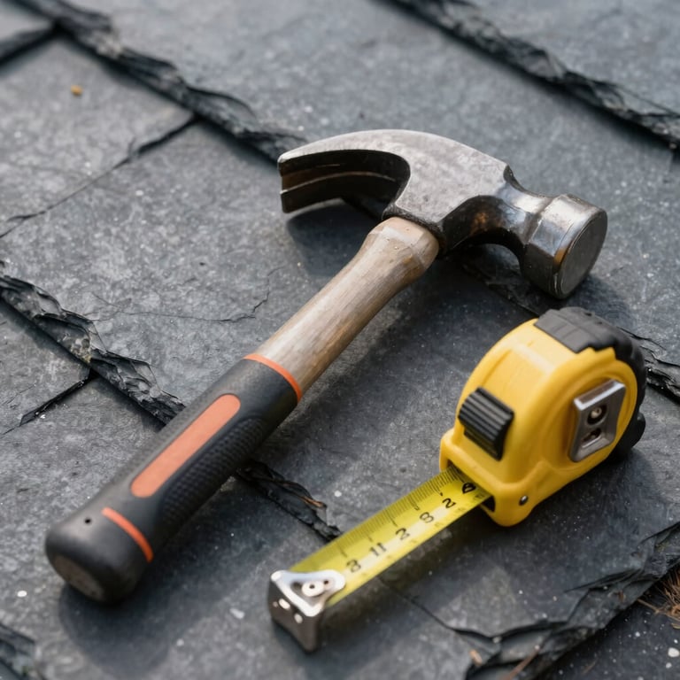 Close-up of professional roofing tools, hammer and measuring tape, on a slate surface.