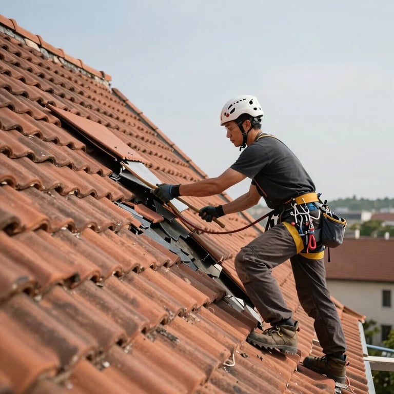 A roofer expertly replacing a broken clay tile on a steep roof, Western European style, daylight.