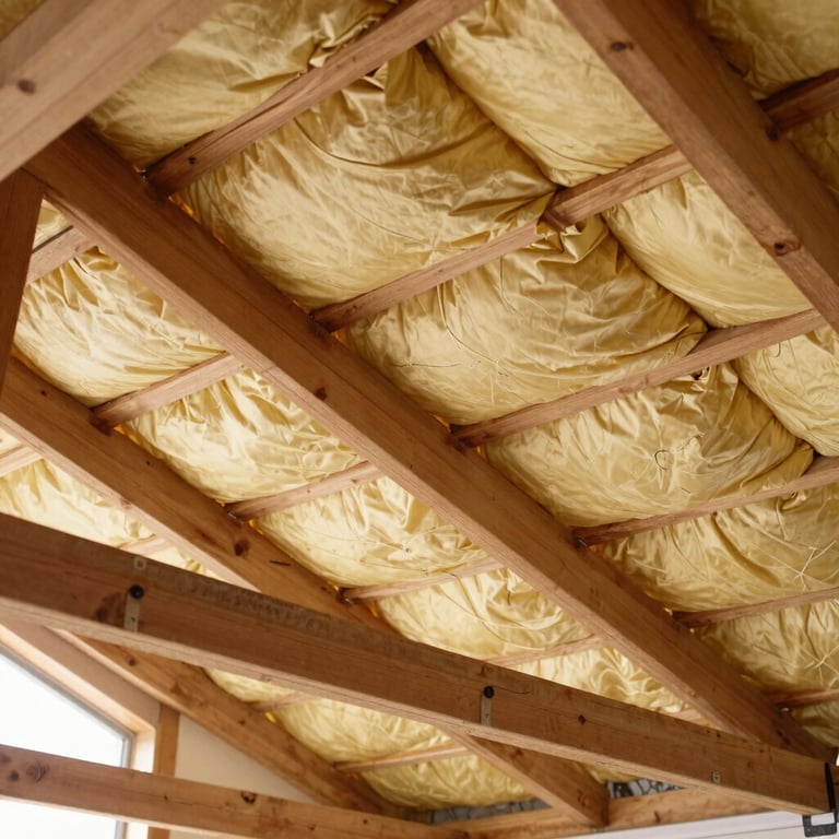 Interior view of attic insulation being installed between rafters for energy efficiency.