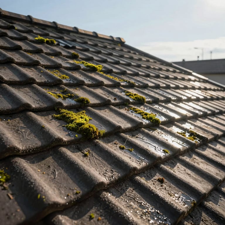 A wide shot of a clean, moss-free tile roof after a professional treatment, shining under a clear sky.